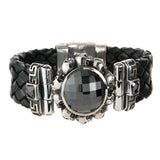 Silver Leather Bracelet ROUND SKULLS FRAME + STONE with SHIELD Box Lock 22
