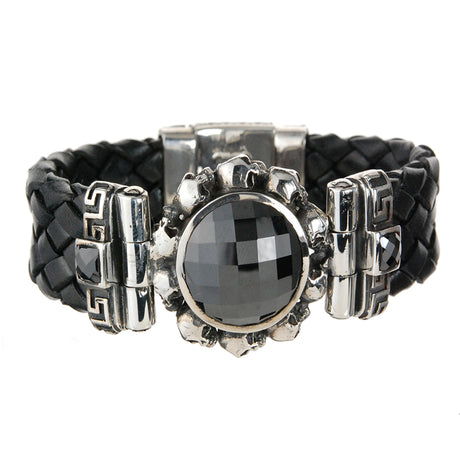 Silver Leather Bracelet ROUND SKULLS FRAME + STONE with SHIELD Box Lock 22