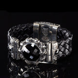 Silver Leather Bracelet ROUND SKULLS FRAME + STONE with SHIELD Box Lock 22