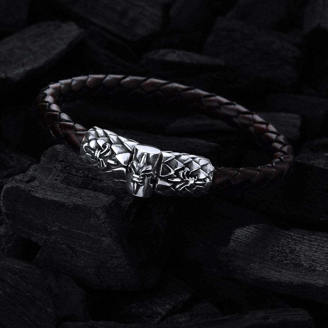 Silver-Leather Bracelet LILY and DRAGON SCALES Silver Jointlock 7