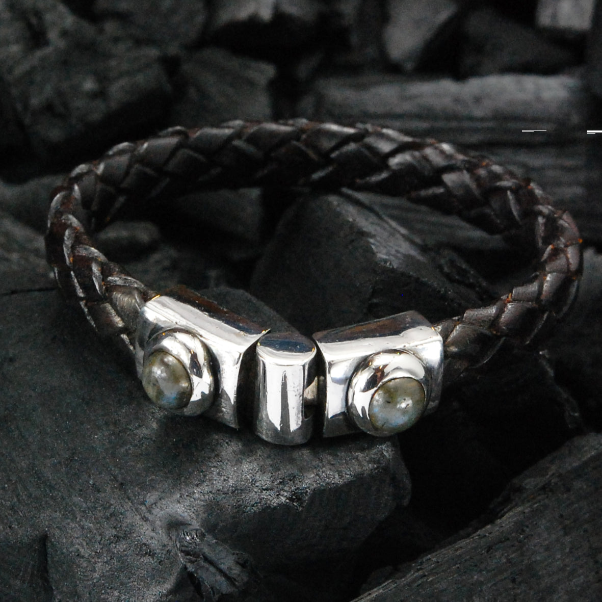 Silver-Leather Bracelet and Round Fat Frame Silver Jointlock with Stone 10