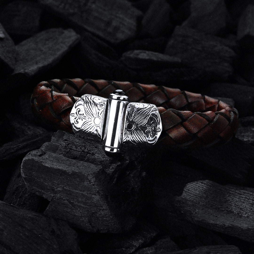 Silver-Leather Bracelet GARDEN AT NIGHT Silver Jointlock Engraved 13