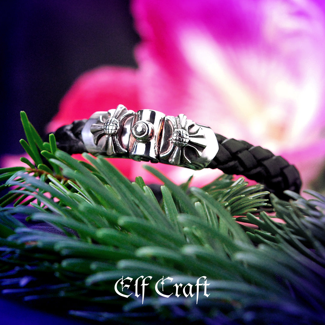 Silver-Leather Bracelet MALTESER CROSS with METEORITE Silver Jointlock 10