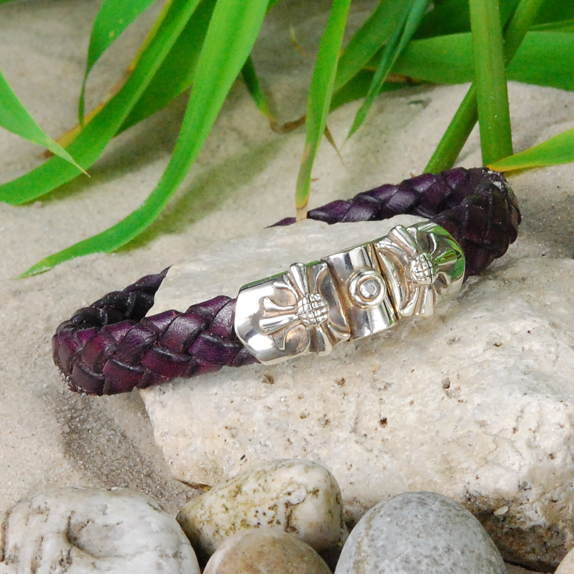 Silber-Lederarmband MALTESERKREUZ mit METEORIT-Silber Jointlock 10