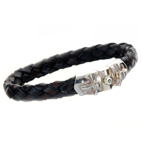 Silver-Leather Bracelet MALTESE CROSS with METEORITE Silver Jointlock 10