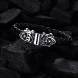 Silver-Leather Bracelet SHIELD with METEORITE on Faceted Silver Jointlock 10