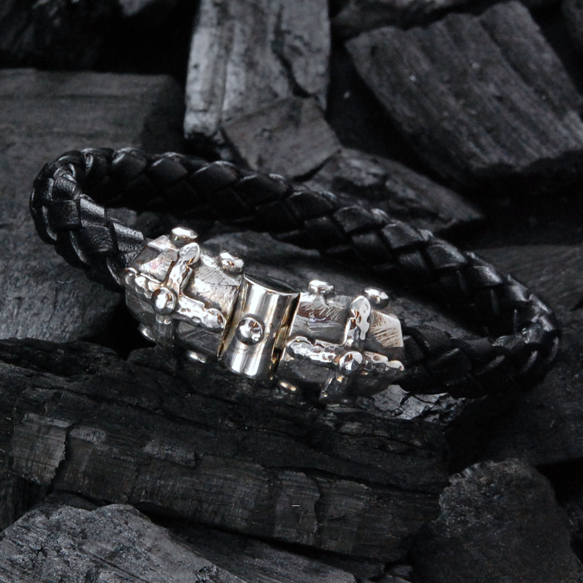 Silver-Leather Bracelet LANCE CROSS Faceted Jointlock + 10mm leather