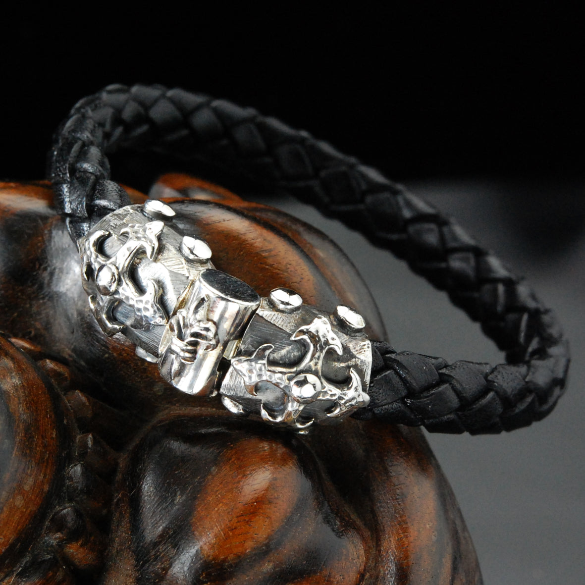 Silver Leather Bracelet BLADES CROSS Jointlock faceted 10