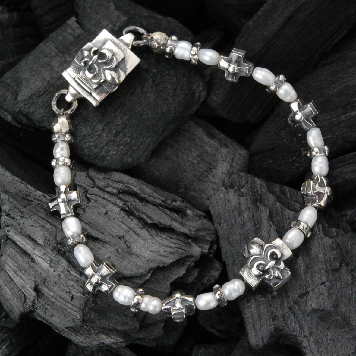 Silver Bracelet PEARLS and GREEK CROSSES with LILY and Lock