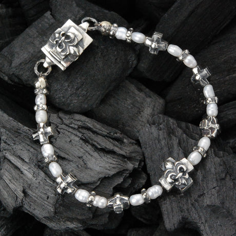 Silver Bracelet PEARLS and GREEK CROSSES with LILY and Lock