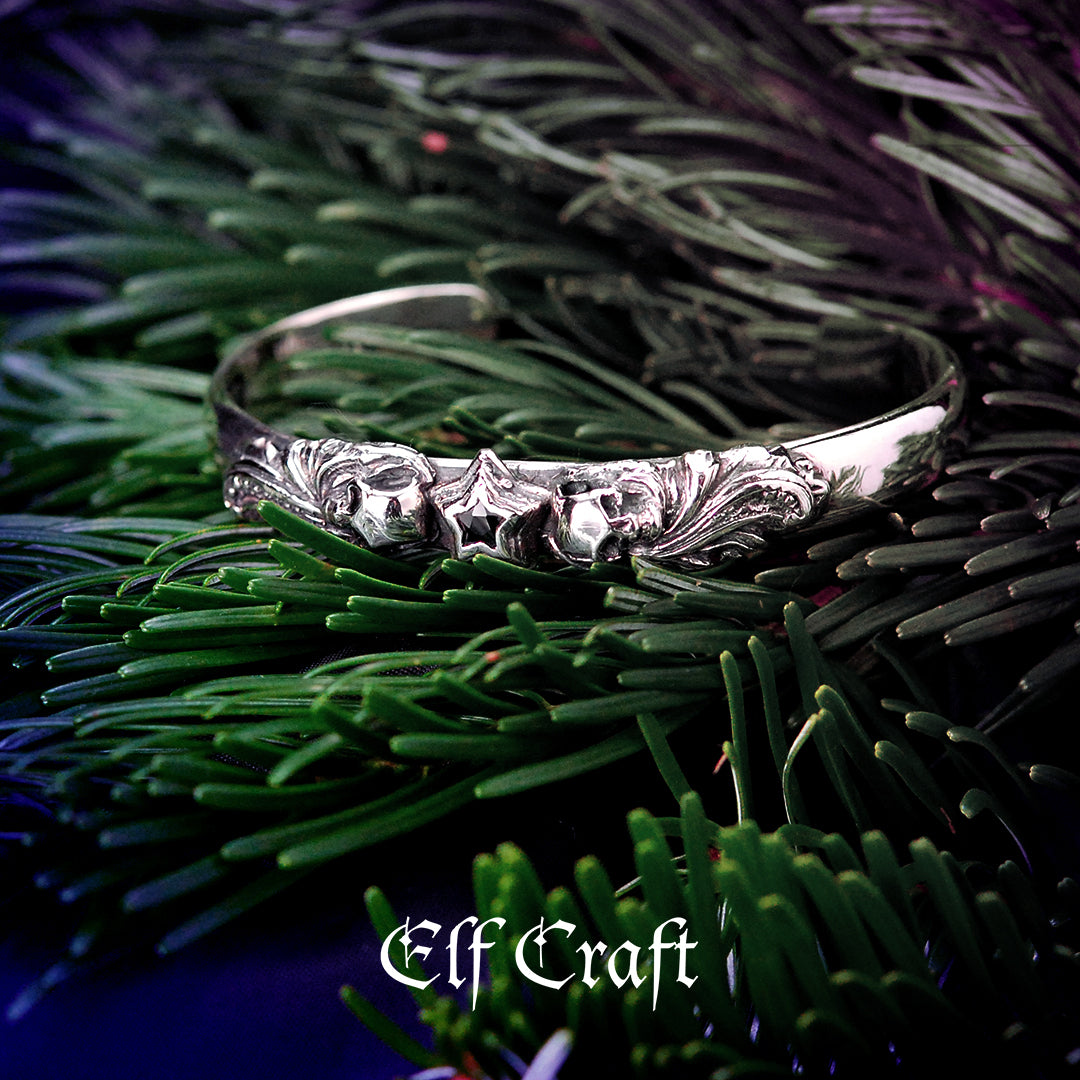 Silver Bangle MAGIC PLANT and SKULL with Star