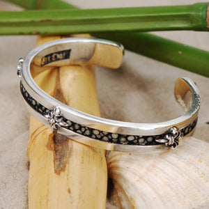 Silver Bangle SEARAY Leather Stripe with LILIES
