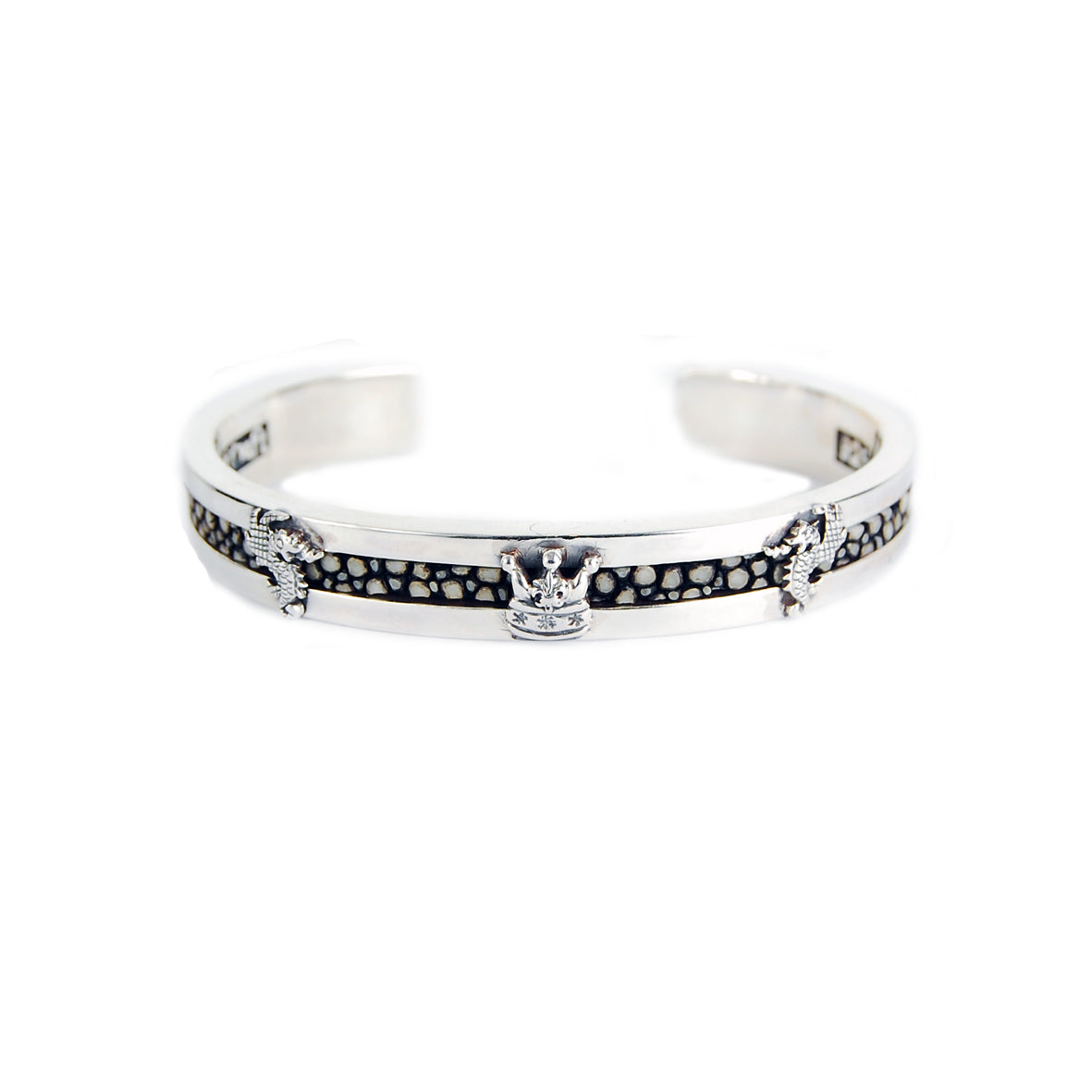 Silver Bangle SEARAY Leather Stripe with CROWNS, DRAGON and Cross