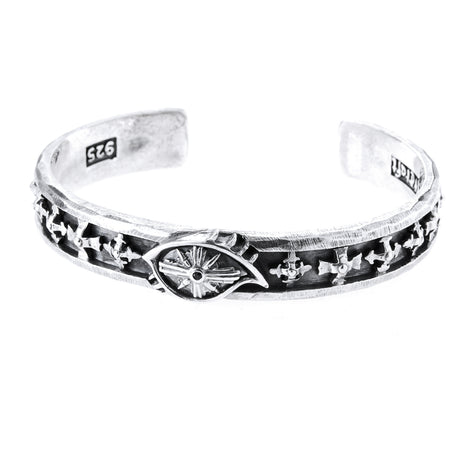 Silver Bangle THIRD EYE VIEW ON Plain Stripe with Crosses