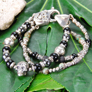 Silver Bracelet Silver Beads and TUBES and SKULL Hammered and Stone Beads