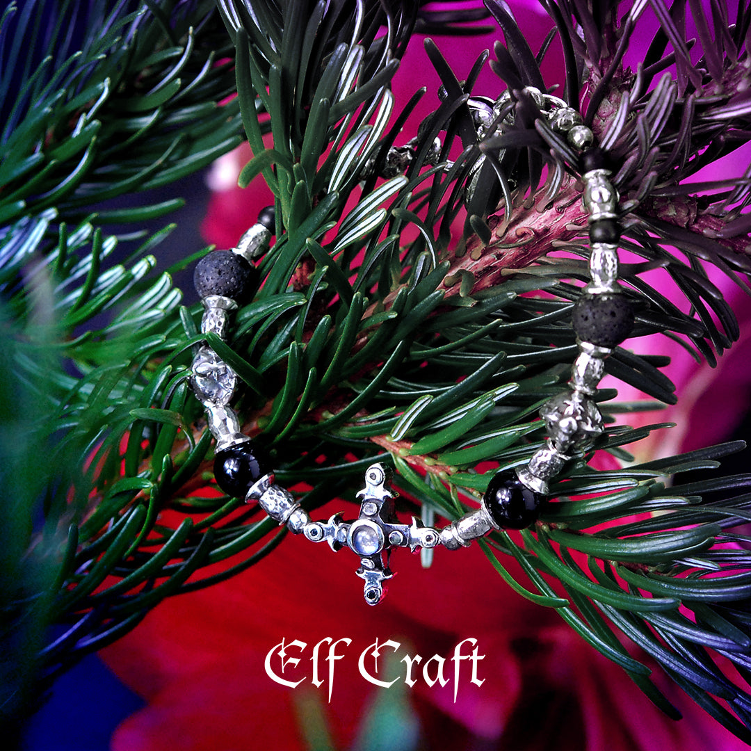 Silberarmband RÖHREN mit SMITH CROSS Dbl und Perlen und BLADES CROSS BALLS