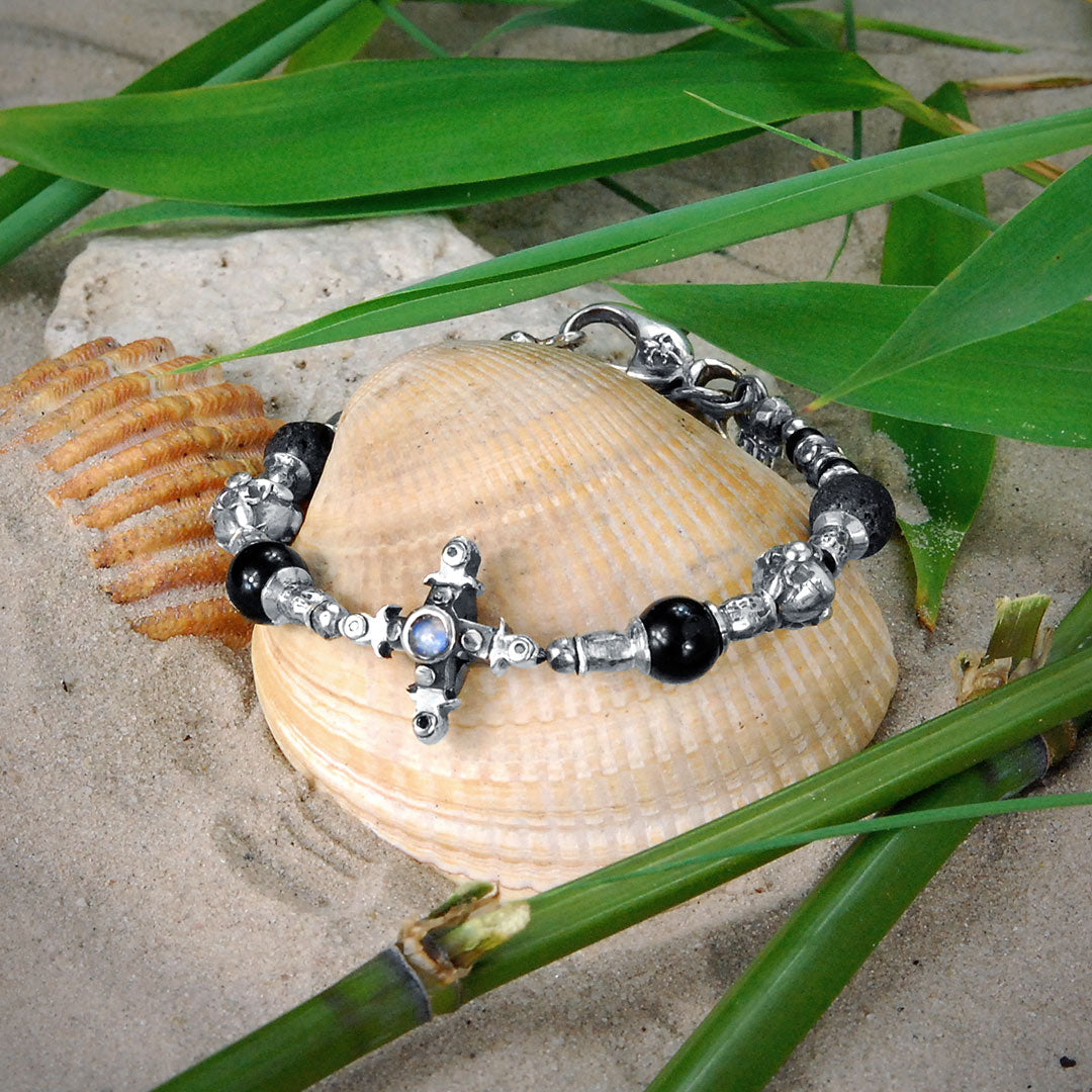 Silberarmband RÖHREN mit SMITH CROSS Dbl und Perlen und BLADES CROSS BALLS