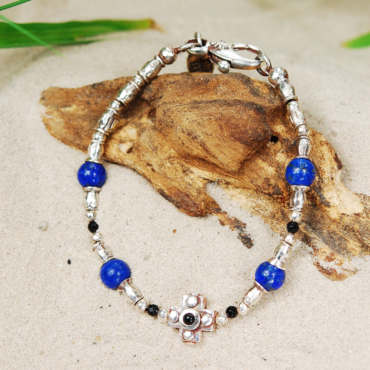 Silver Bracelet Tubes and PLAIN CROSS and Beads with Black Diamonds