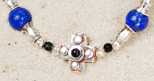 Silver Bracelet Tubes and PLAIN CROSS and Beads with Black Diamonds