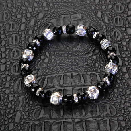 Square Silver Steps Cubes Bracelet with Beads or Pearls