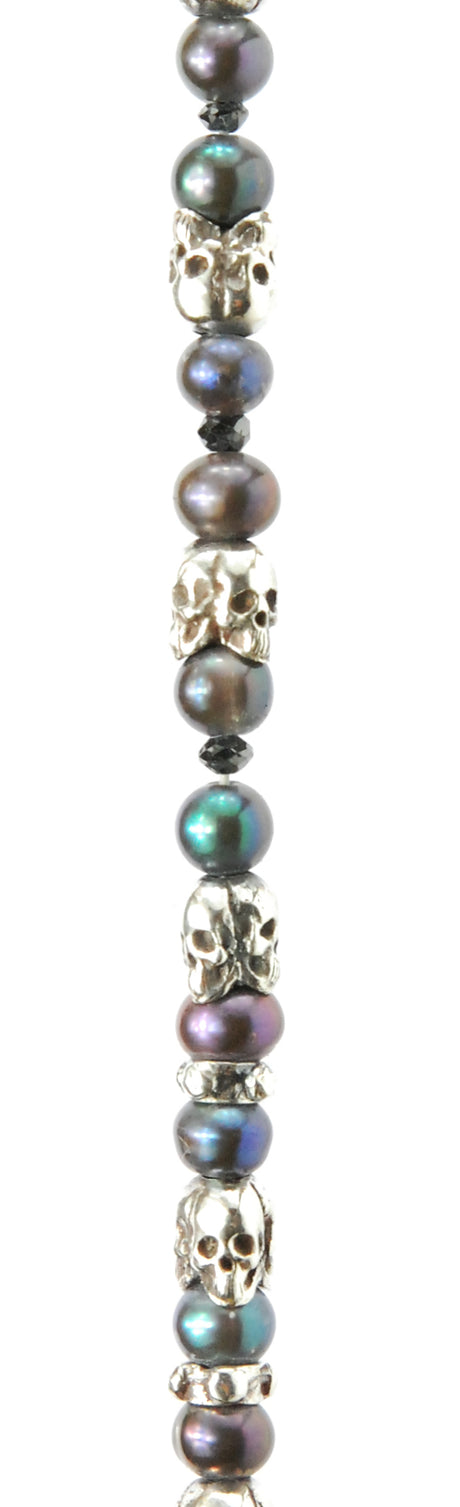 Silver Bracelet with Triple Mini SKULLS and Three Black Diamonds and Black Pearls 5