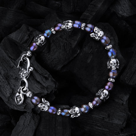 Silver Bracelet with Triple Small SKULLS  and Beads or Pearls 8