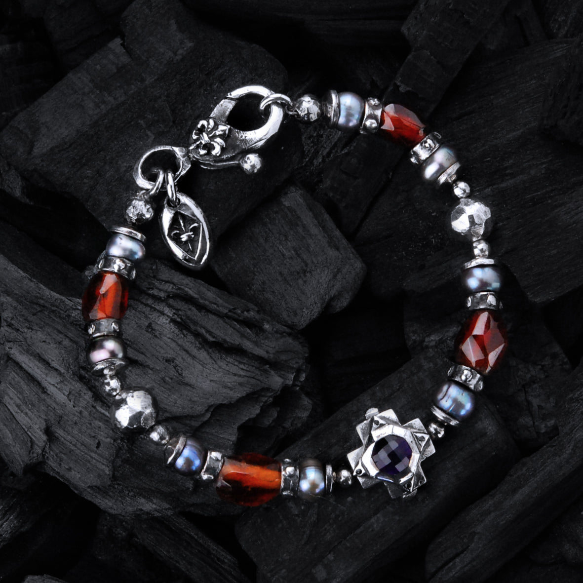 Silver Bracelet Beads OCTAGON CROSS and STONE ROCKS and PEARLS