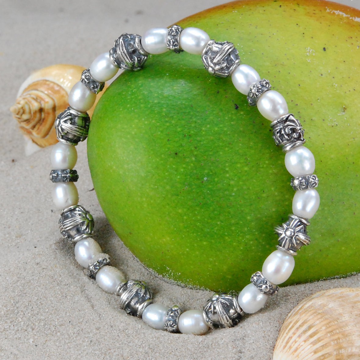 Silver Bracelet with MORNING STAR Barrels and Beads or Pearls on Rubber