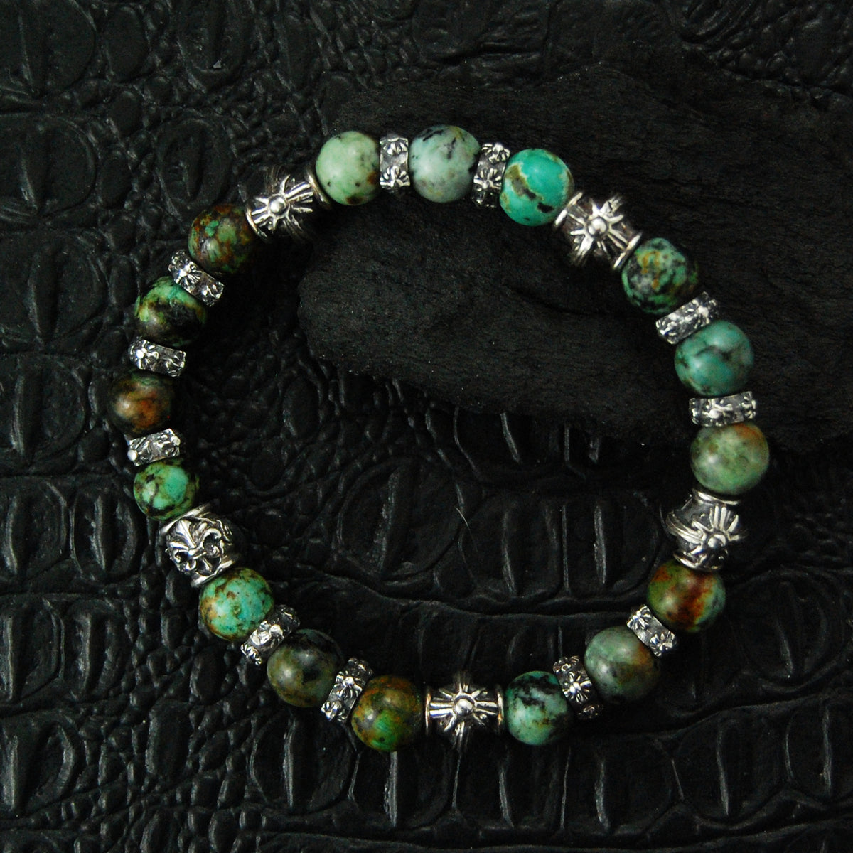 Silver Bracelet with MORNING STAR Barrels and Beads or Pearls on Rubber