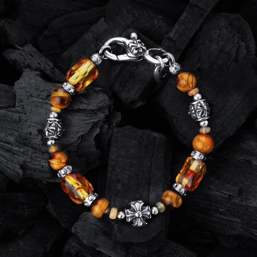 Silver Bracelet  MALTESER CROSS and AMBER ROCKS with Beads and Opals