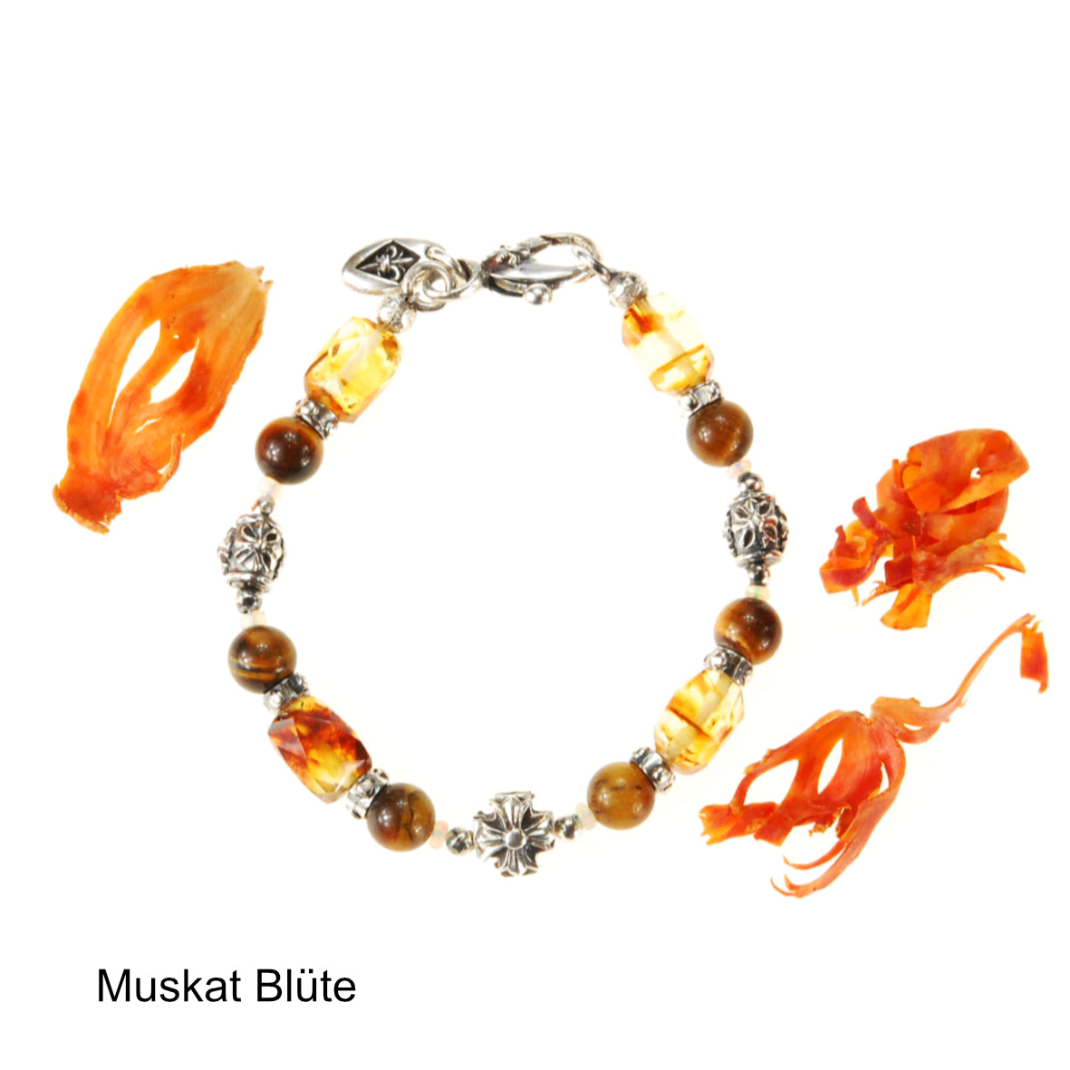 Silver Bracelet  MALTESER CROSS and AMBER ROCKS with Beads and Opals