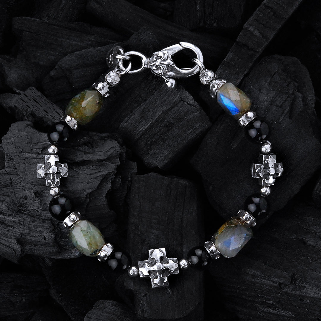 Silver Bracelet BLADES CROSSES and LABRADORITE ROCKS with Black Pearls