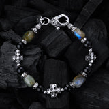 Silver Bracelet BLADES CROSSES and LABRADORITE ROCKS with Black Pearls