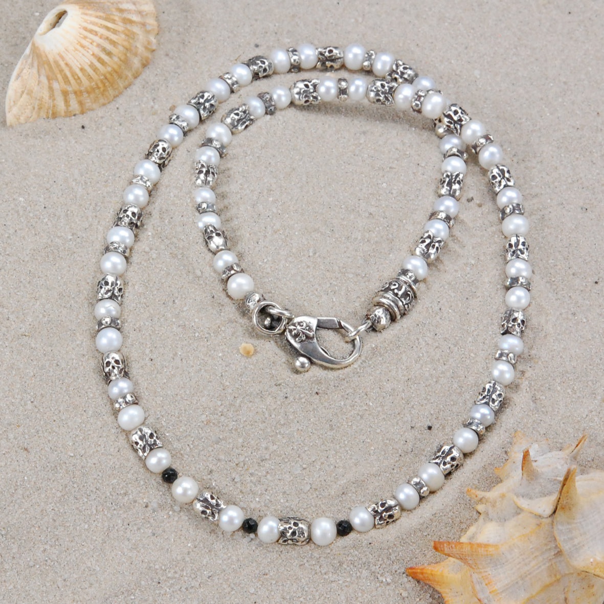 Silver and Pearls Necklace with Triple Small SKULLS  5