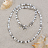 Silver and Pearls Necklace with Triple Small SKULLS  5