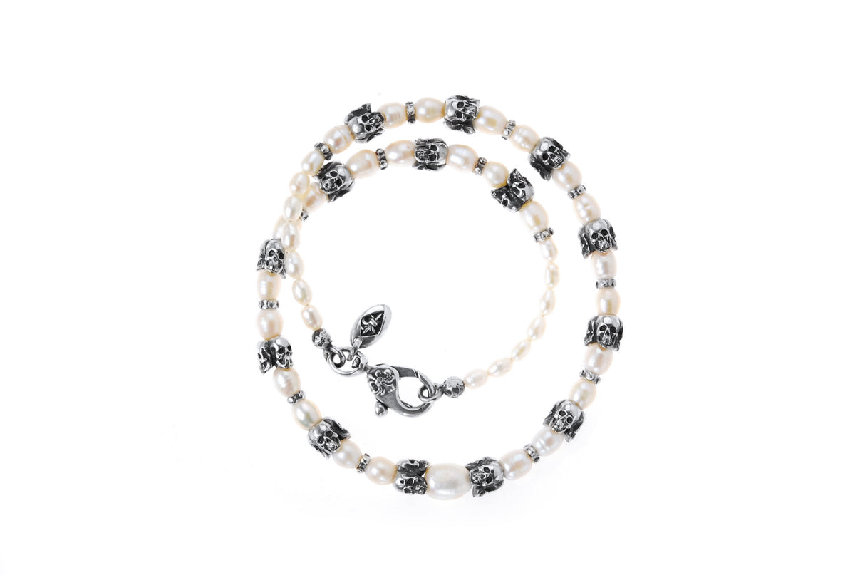 Silver and Pearls Choker with Triple Small SKULLS  8 big Middle Pearl