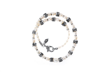 Silver and Pearls Choker with Triple Small SKULLS  8 big Middle Pearl