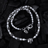 Silver and Pearls Necklace with Triple Small SKULLS  8