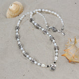 Silver and Pearls Necklace with Triple Small SKULLS  8
