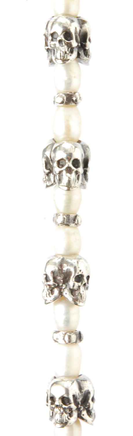 Silver and Pearls Necklace with Triple Small SKULLS  8