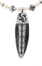 Silver and Pearls Necklace with Small Silver Crossballs 6 and a real Fossil