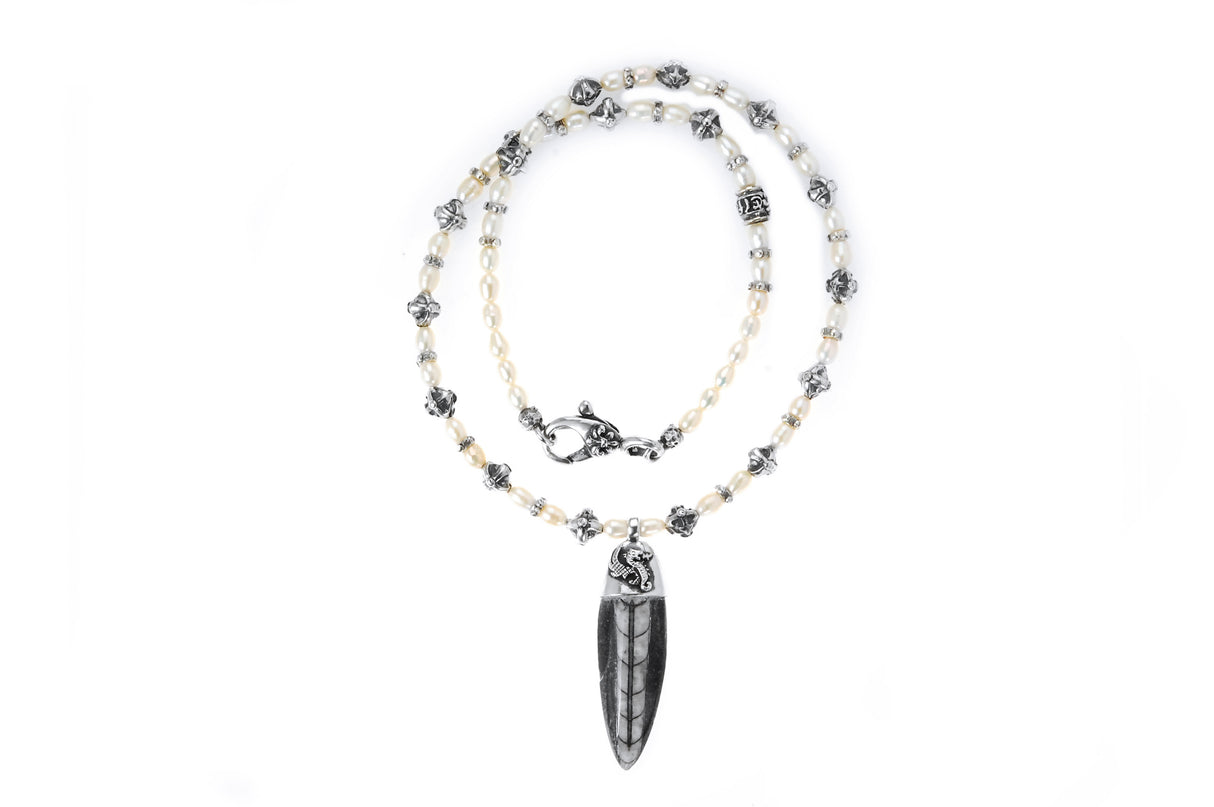 Silver and Pearls Necklace with Small Silver Crossballs 6 and a real Fossil