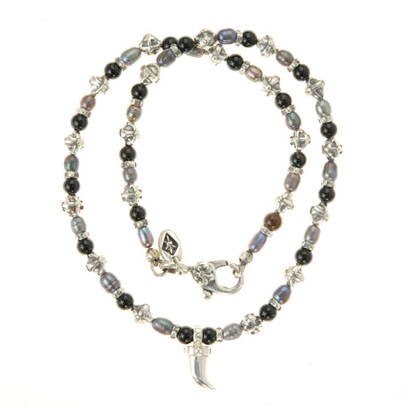 Silver and Pearls Necklace with Small Silver Crossballs 6 and Silver Tooth