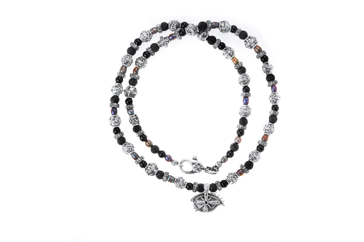 Silver Morning Star Barrel Tubes Necklace with The Third EYE View+black Diamonds