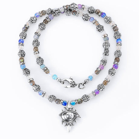 Silver with CRESCENT STAR Tubes + THIRD EYE Protector with BEADS/PEARLS Necklace