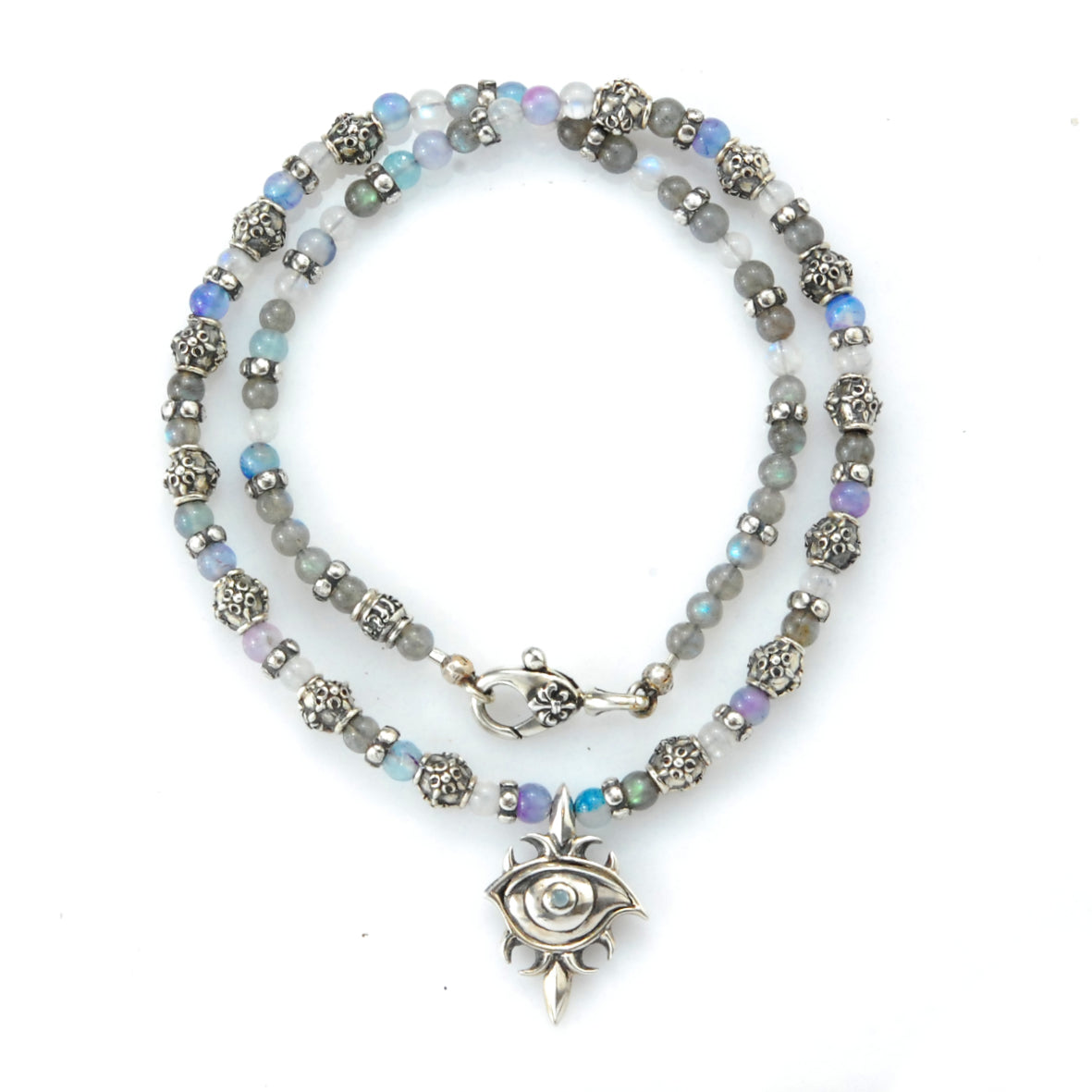 Silver with CRESCENT STAR Tubes + THIRD EYE Protector with BEADS/PEARLS Necklace