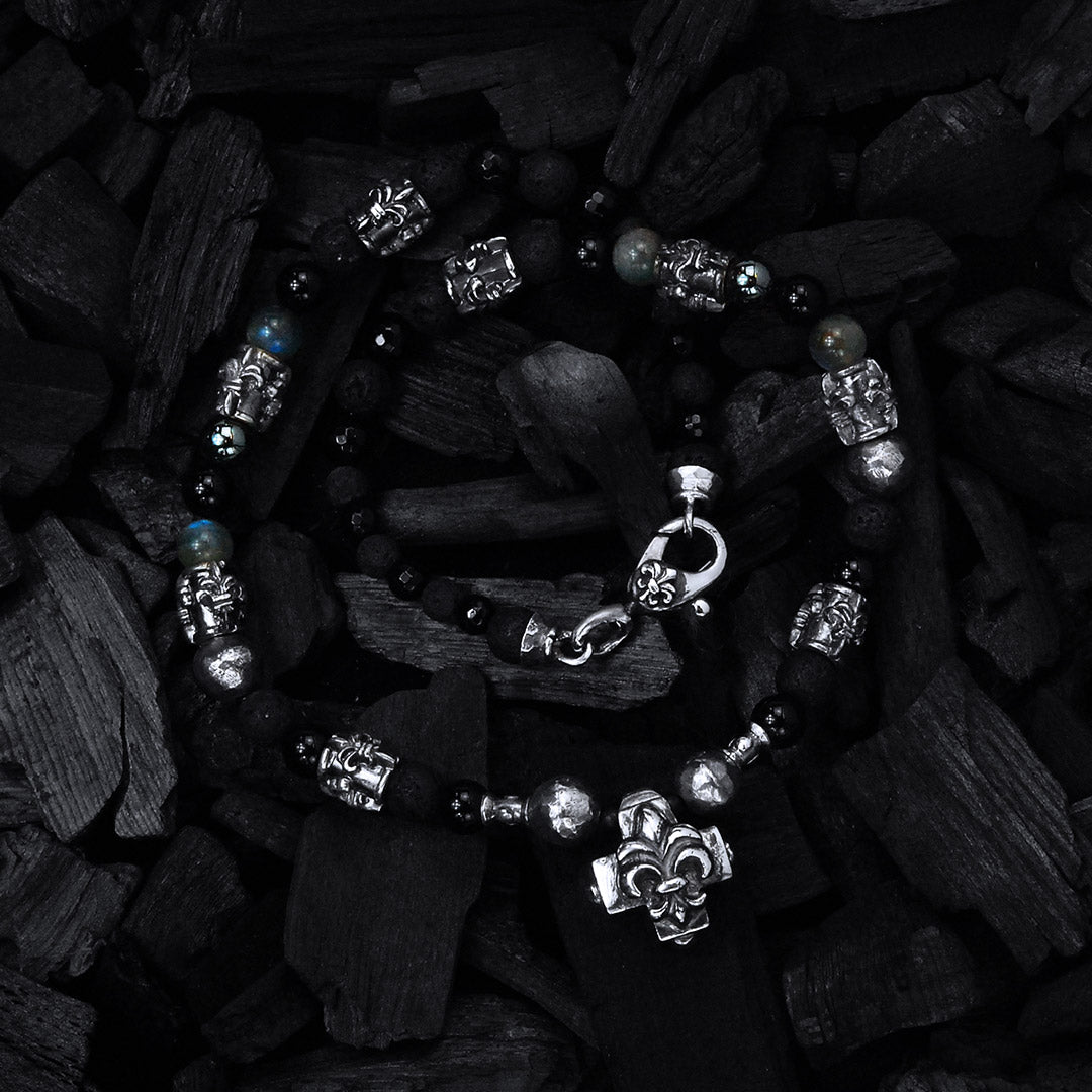Silber mit BEADS Halskette mit LILIEN-Röhren und griechischem Lilienkreuz und Silberkugeln