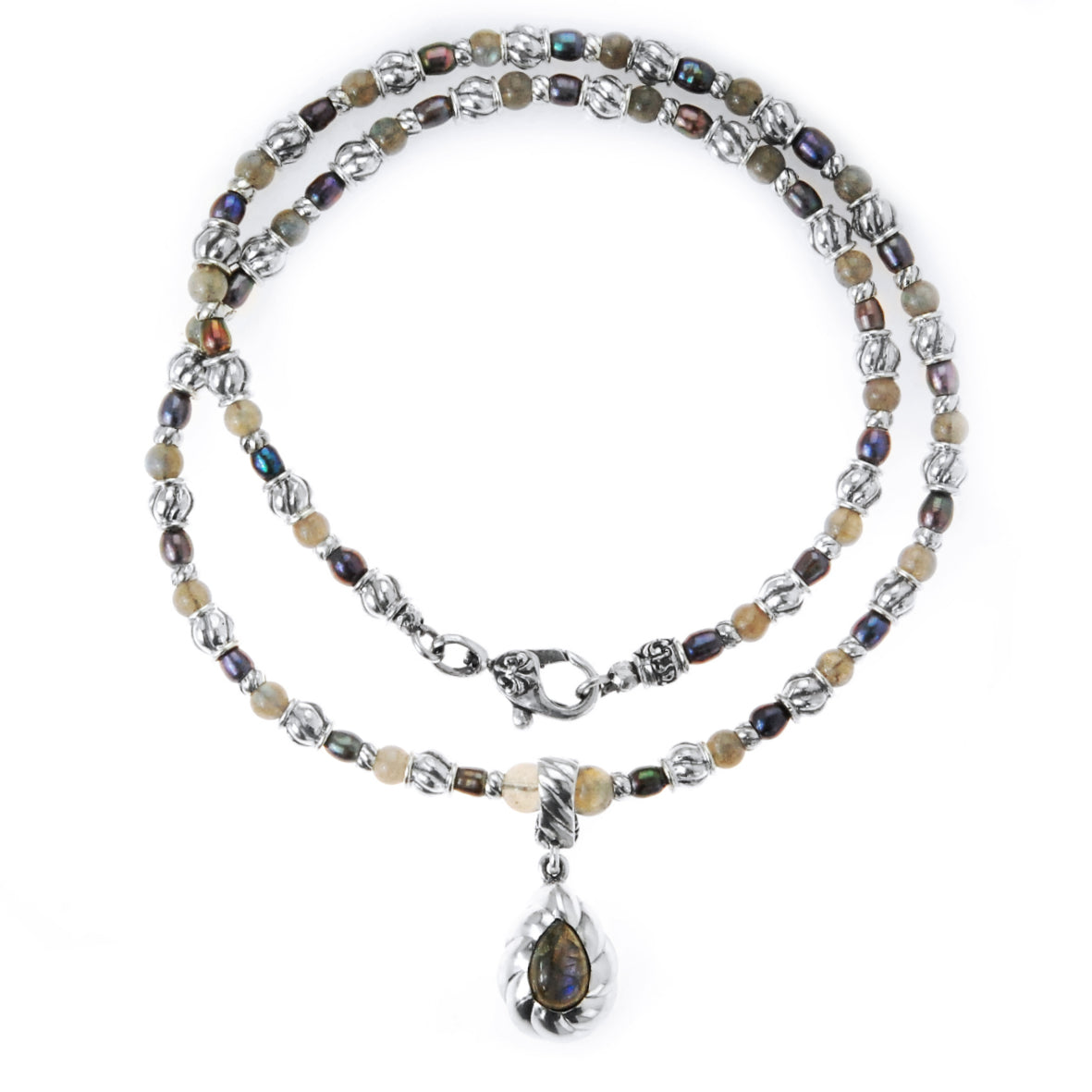 Silver with BEADS/PEARLS Necklace with SPIRAL Tubes+DROP Pendant Stoneholder