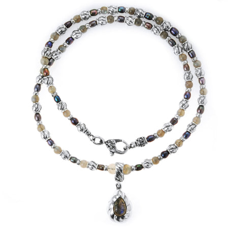 Silver with BEADS/PEARLS Necklace with SPIRAL Tubes+DROP Pendant Stoneholder