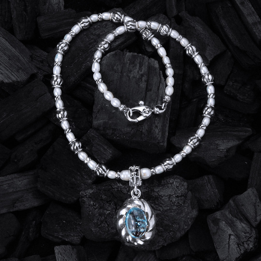 Silver with BEADS/PEARLS Necklace with SPIRAL Tubes + Oval Pendant Stoneholder